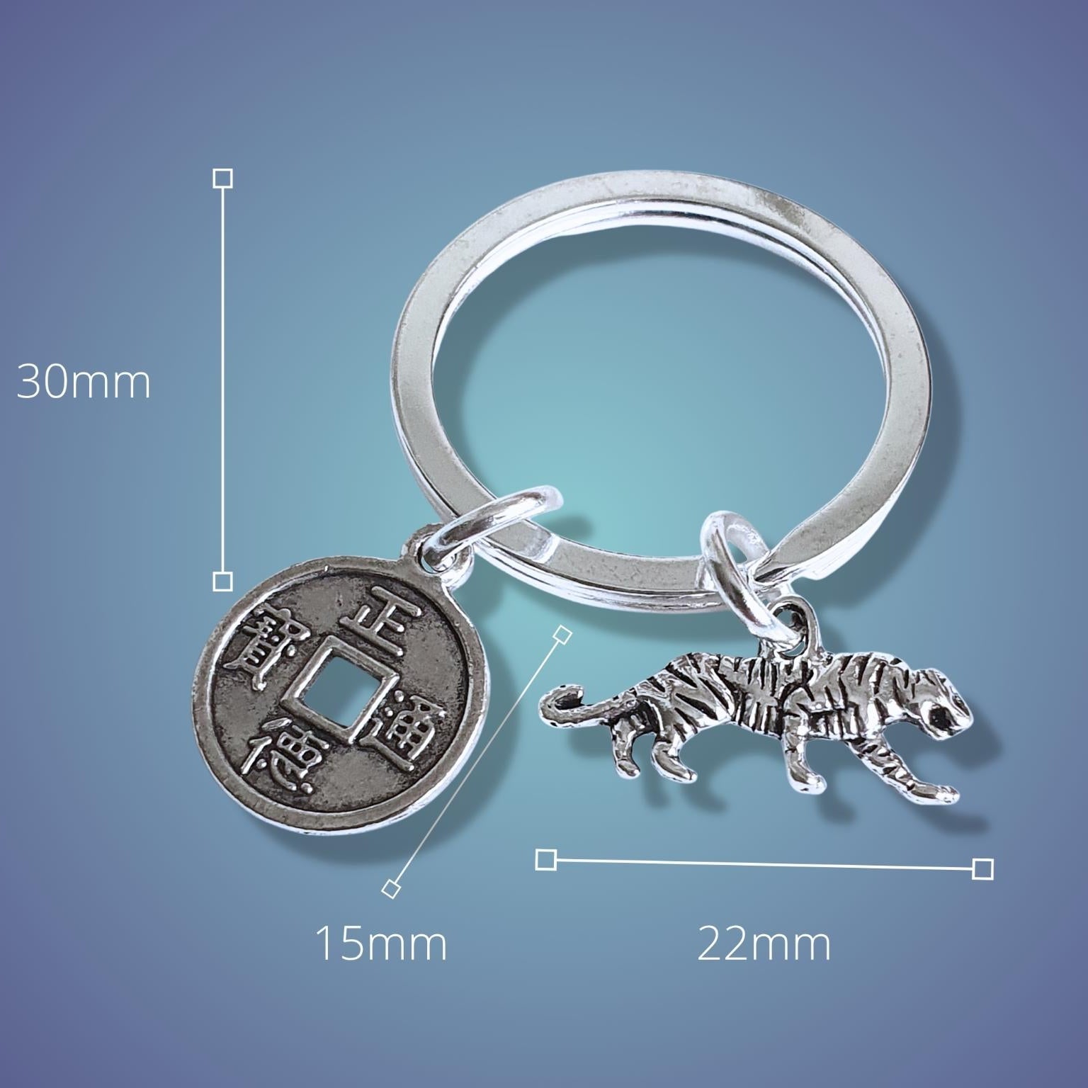 Silver keychain with tiger charm and coin charm on a blue gradient background