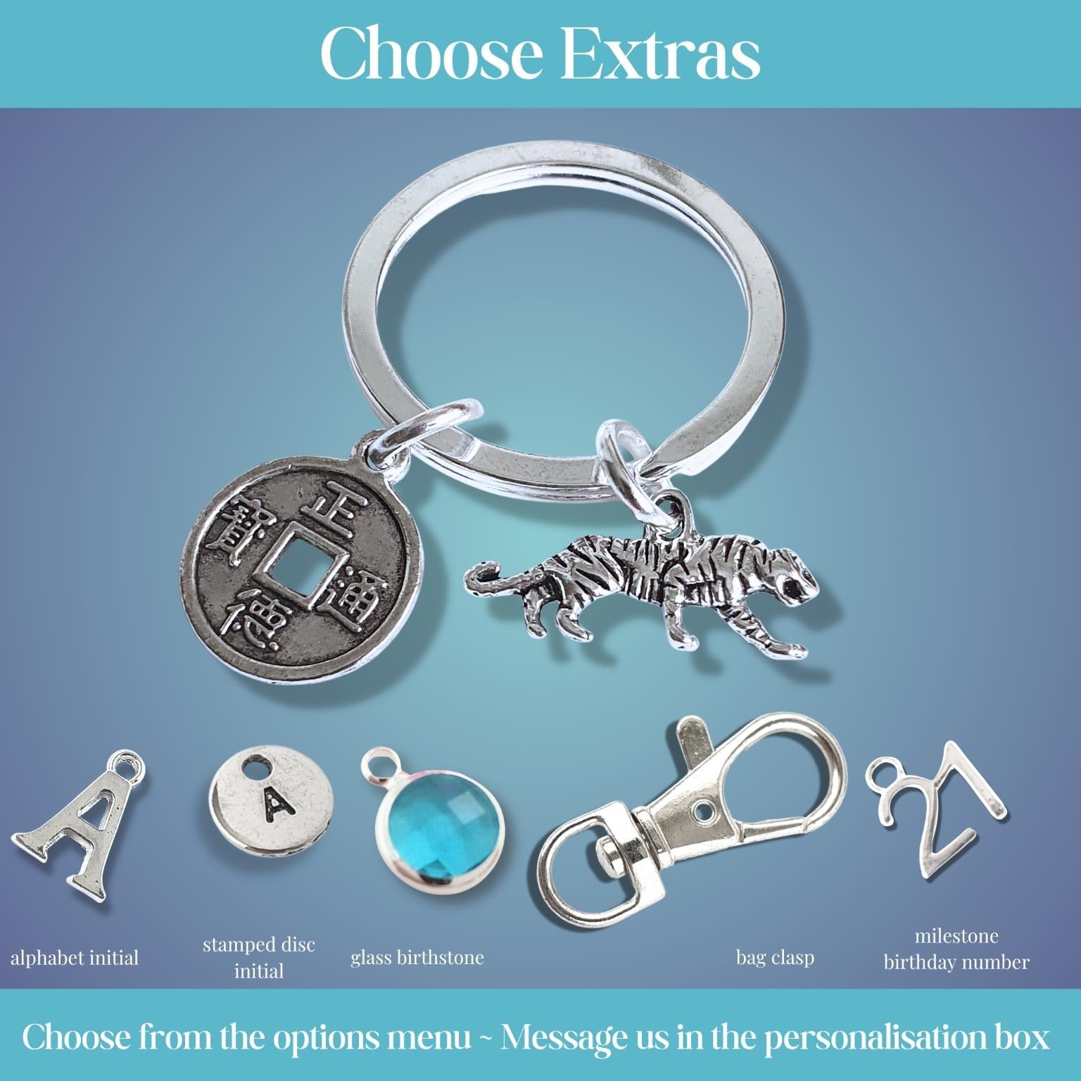 Silver keychain with tiger charm and coin charm on a blue gradient background