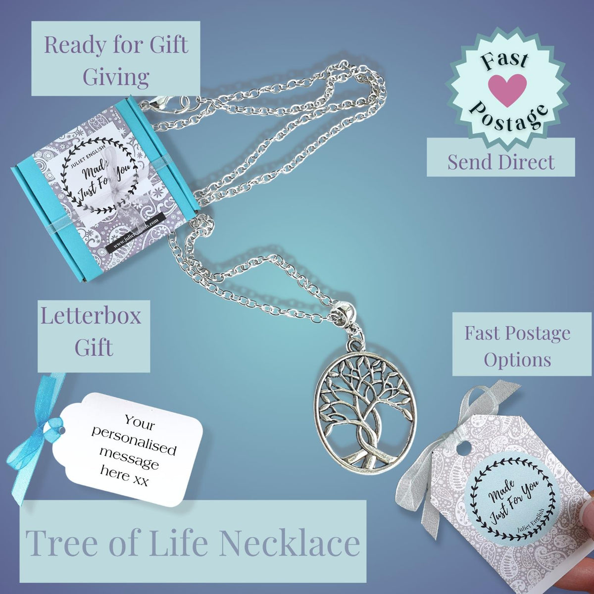 A tree of life pendant necklace on a silver chain, displayed with gift packaging and postage options on a blue gradient background. A hand is holding a silver gift tag in the bottom right corner.