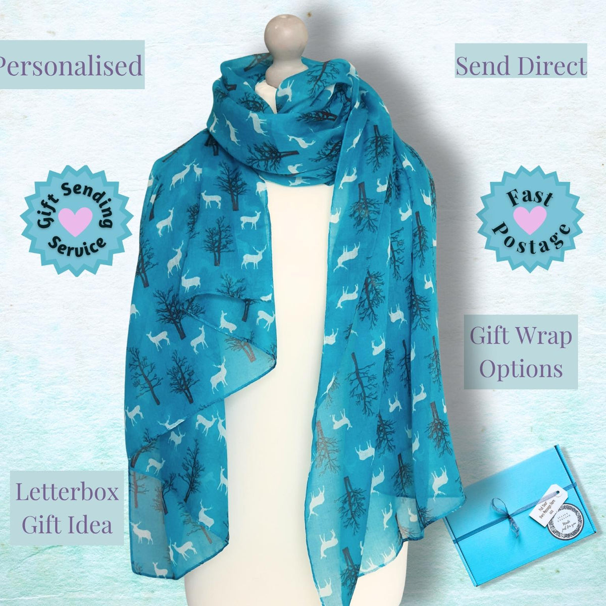 Deer & Forest Scarf - Turquoise