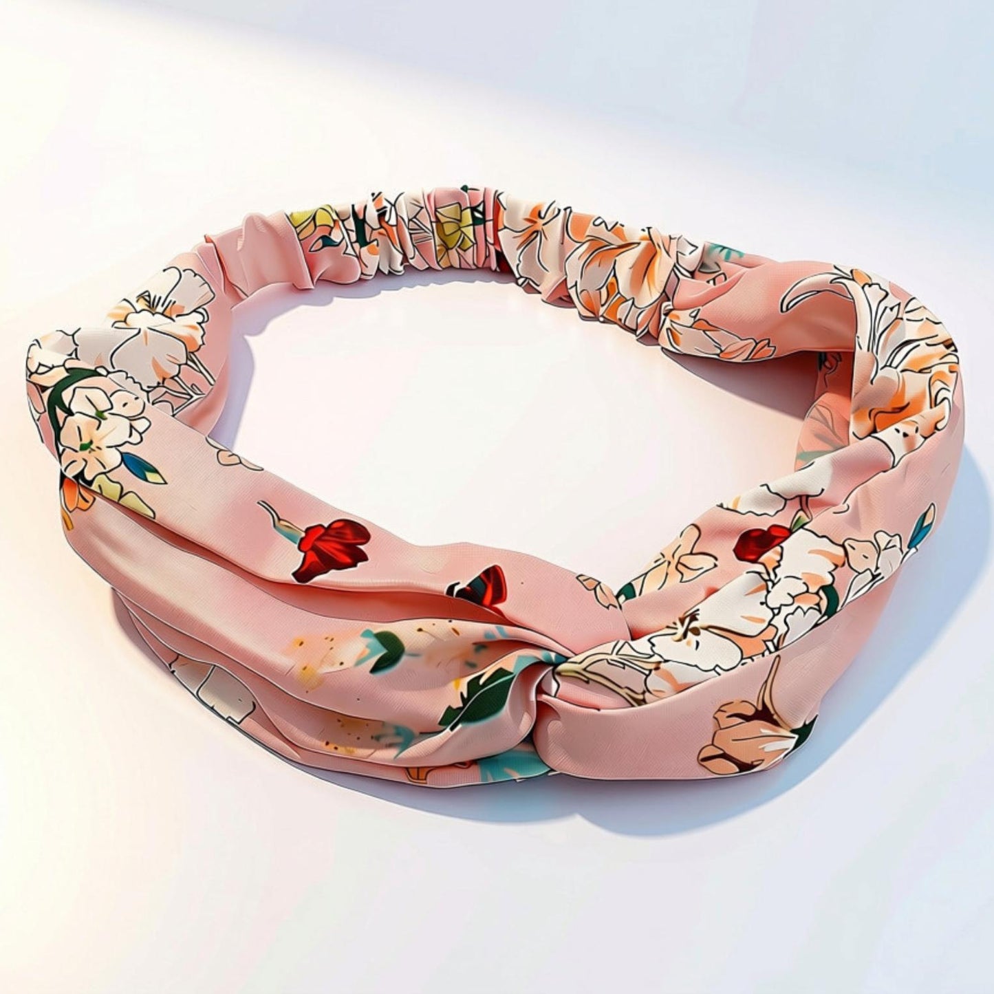 A pink fabric headband with a gathered elastic center and a multicolor floral print, displayed on a clean white background.