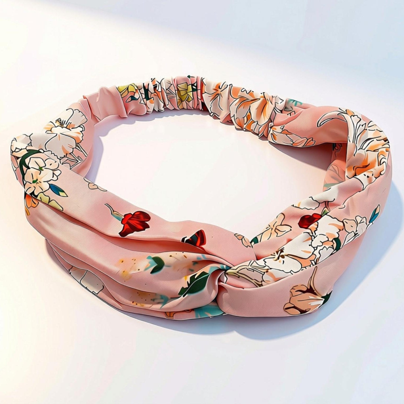A pink fabric headband with a gathered elastic center and a multicolor floral print, displayed on a clean white background.