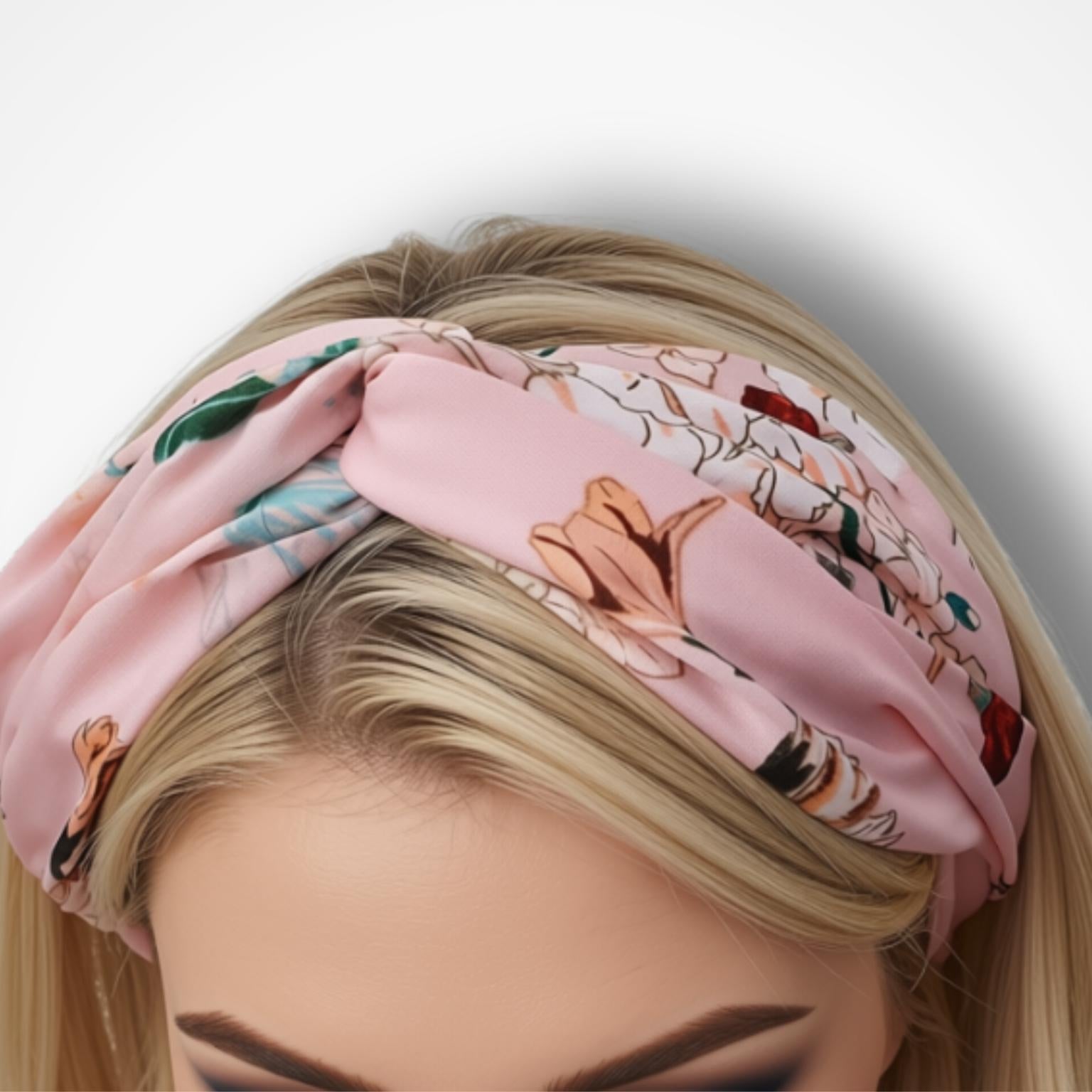 A close-up of a woman wearing a light pink silk headband with a botanical and floral print, styled in a knot on her head against a plain white background.