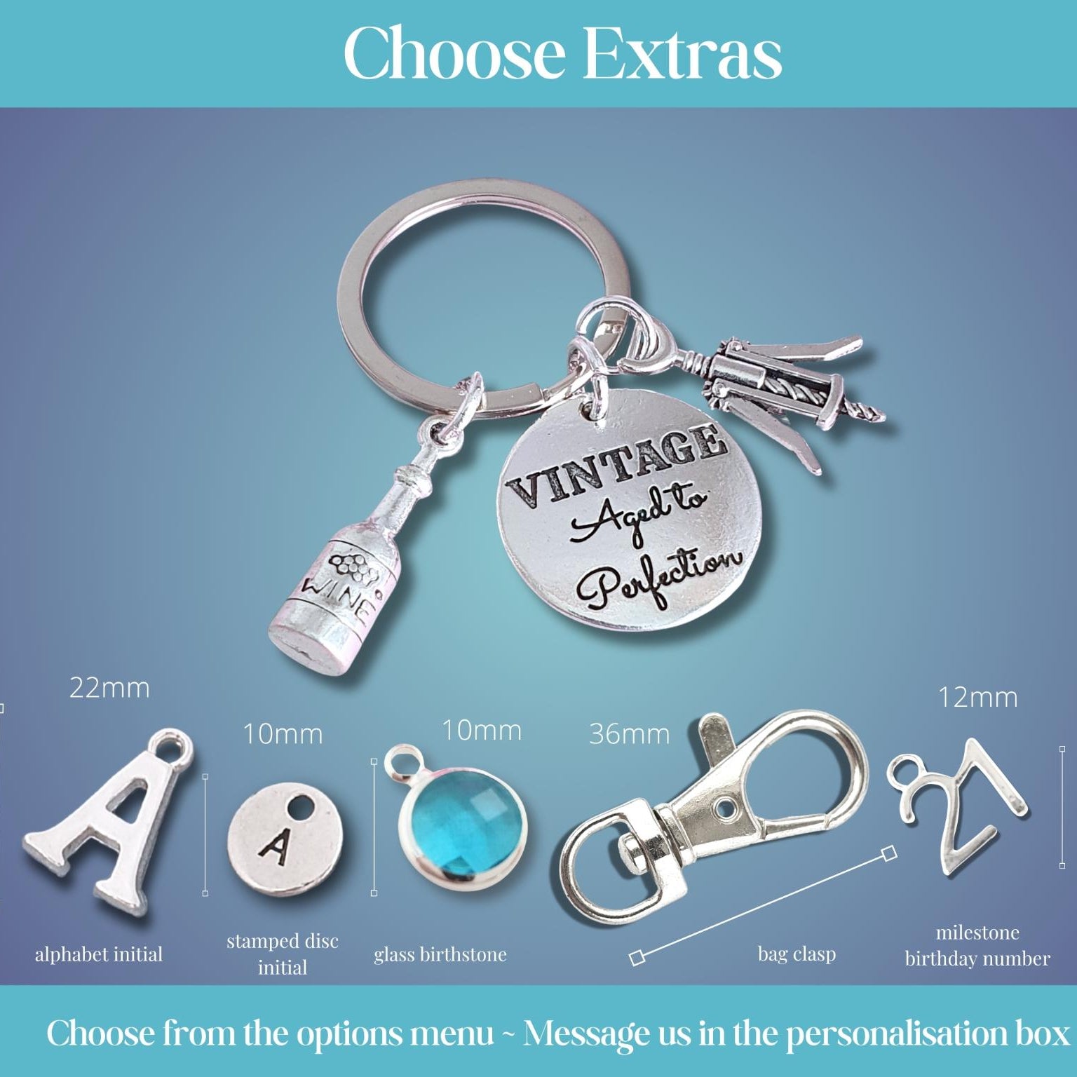 Personalised silver keychain set with charms including a bottle, bag clip, and round engraved disc reading 'VINTAGE Ape to Perfection', shown on a blue gradient background with size options and customization text.