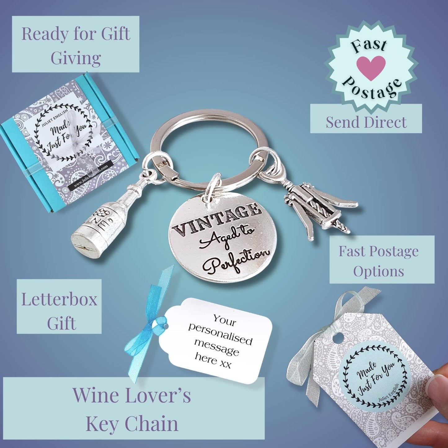 A silver wine-themed keychain charm set displayed on a blue gradient background with multiple product callouts and a hand holding a matching gift tag. The keychain includes a bottle-shaped charm, a corkscrew charm and a round tag reading 'VINTAGE Aged to Perfection.'