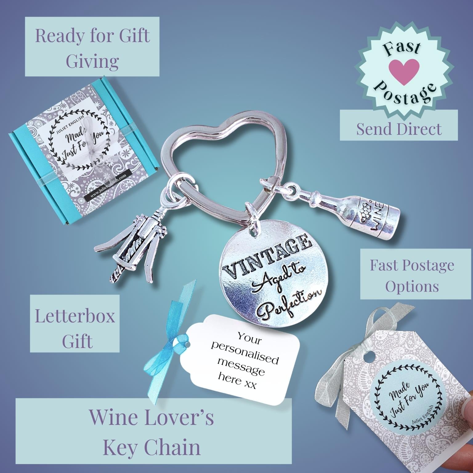 A silver wine-themed keychain gift set with charms including a heart, bottle, and corkscrew, shown alongside a matching gift tag and letterbox packaging on a blue gradient background with promotional text overlays.