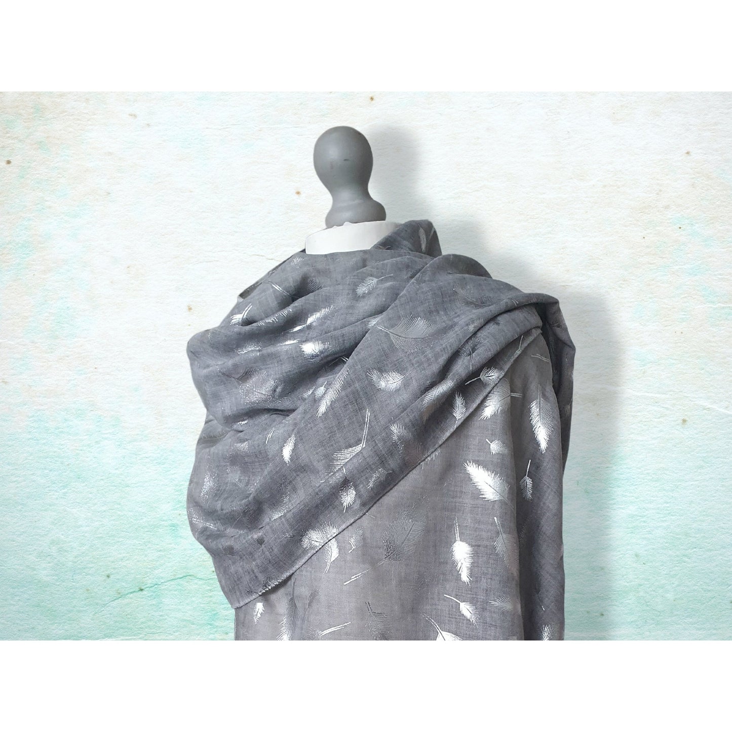 Tie Dye Printed Silver Feathers Scarf - Grey with silver print