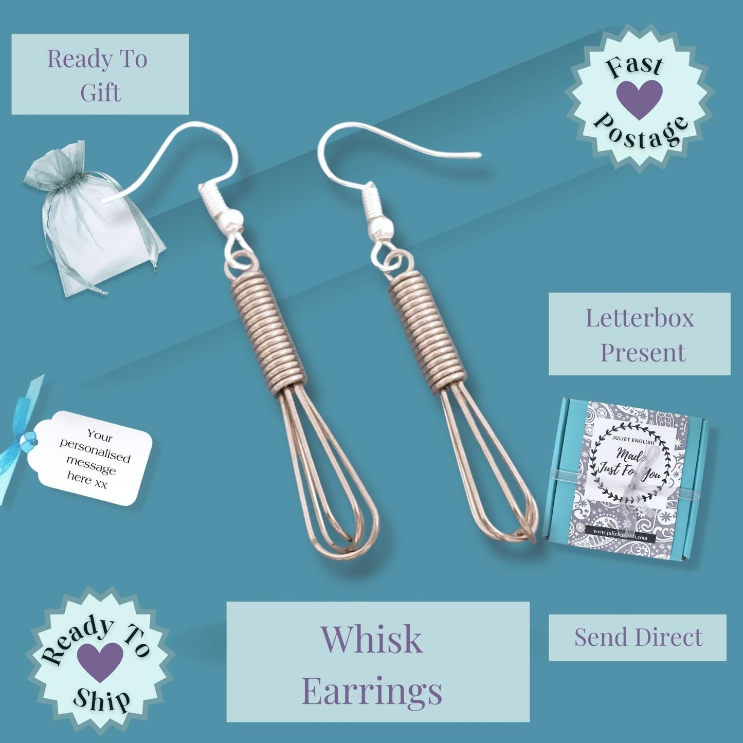 Whisk earrings on a blue background with gift wrapping elements.