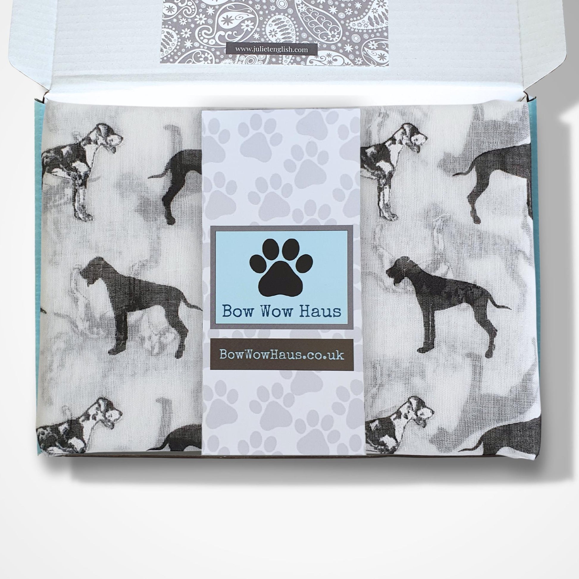 Great Dane scarf folded in box with 'Bow Wow Haus' branding on a white background