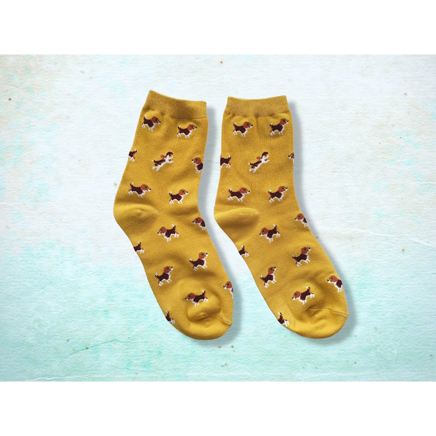 Cute Mustard Yellow Beagle Dog Socks - Fun and Stylish Footwear for Dog Lovers!