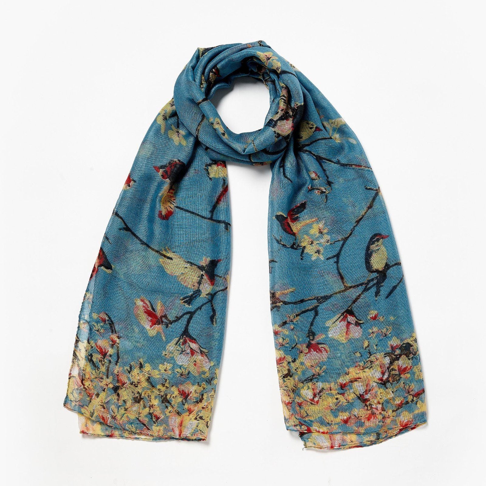Bird Blossom Scarf Aqua Blue