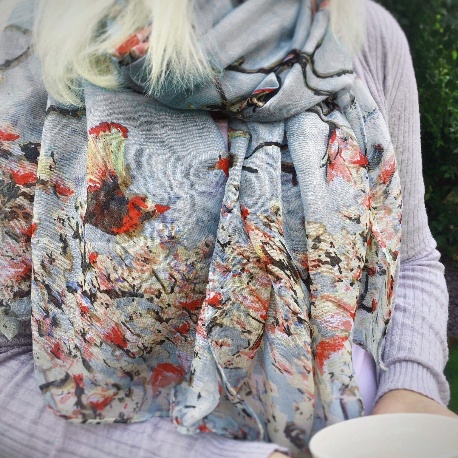 Bird Blossom Scarf Grey