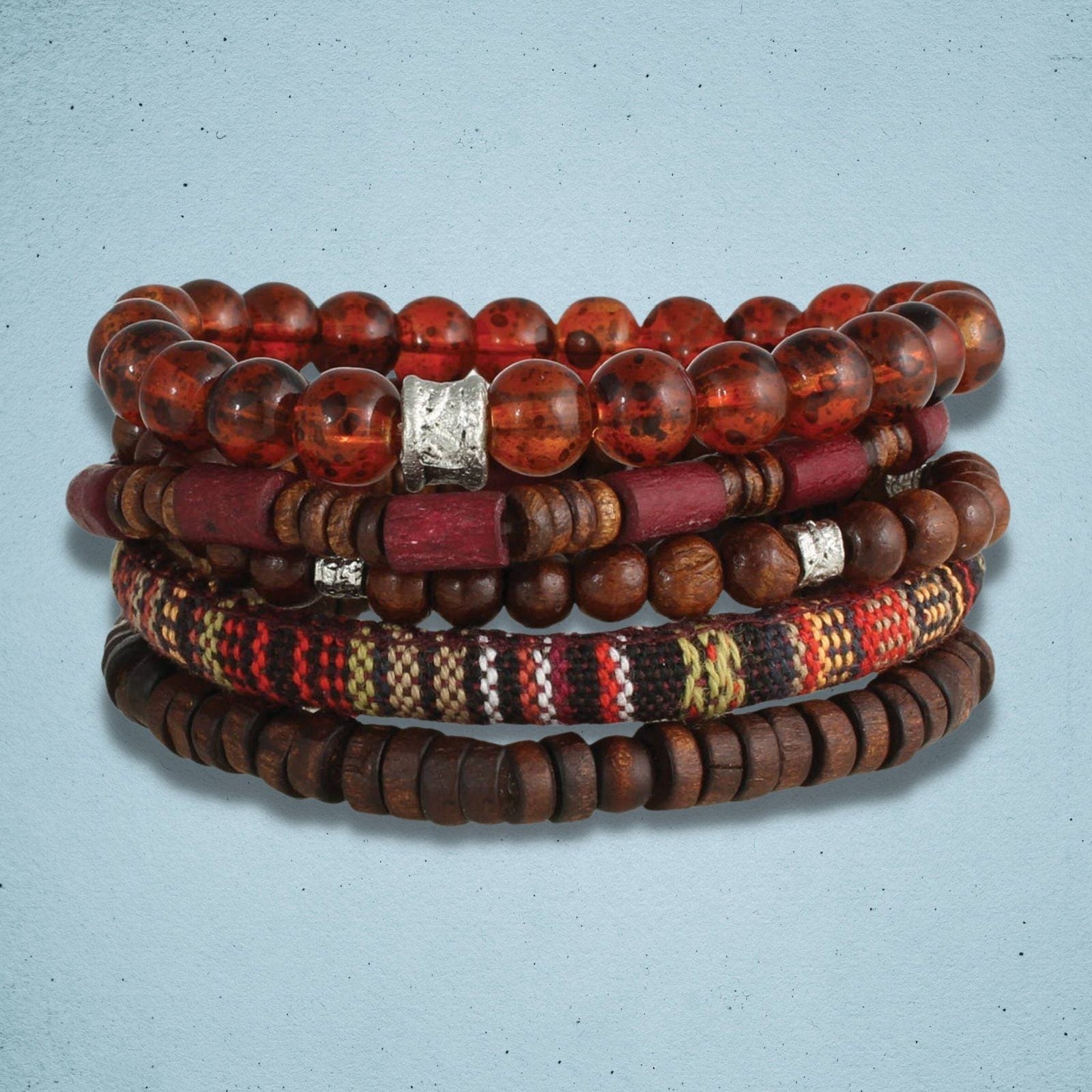 Brown Wood Bead Men Bracelet Set