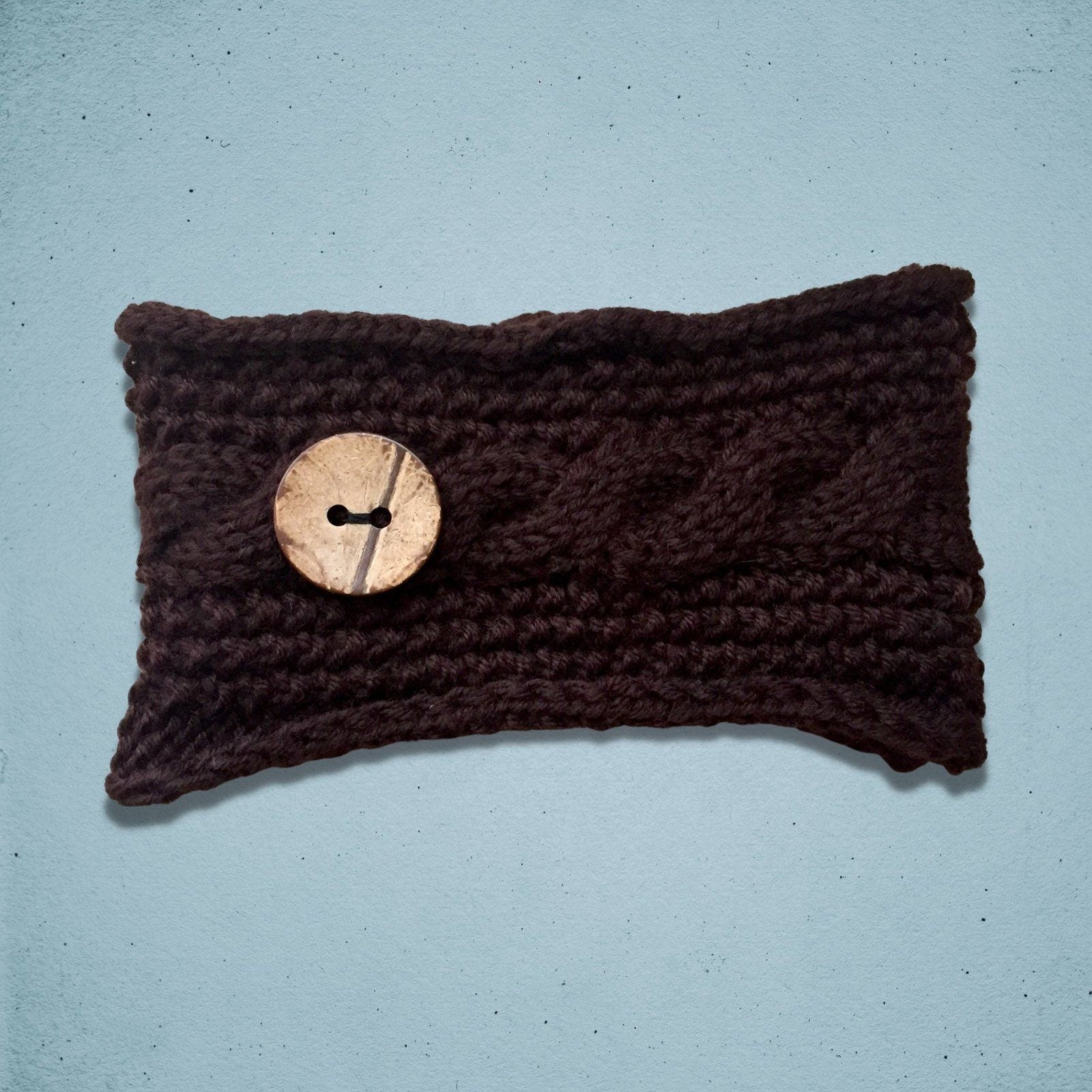 Cable Knitted Headband Wooden Button Chocolate