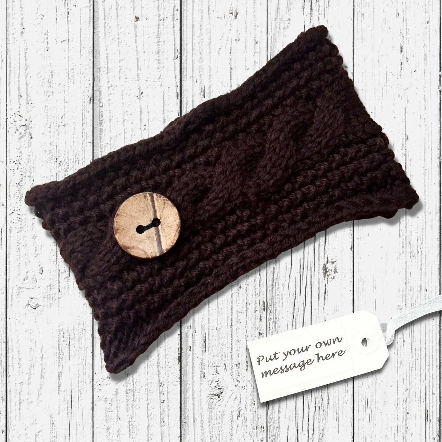 Cable Knitted Headband Wooden Button Chocolate