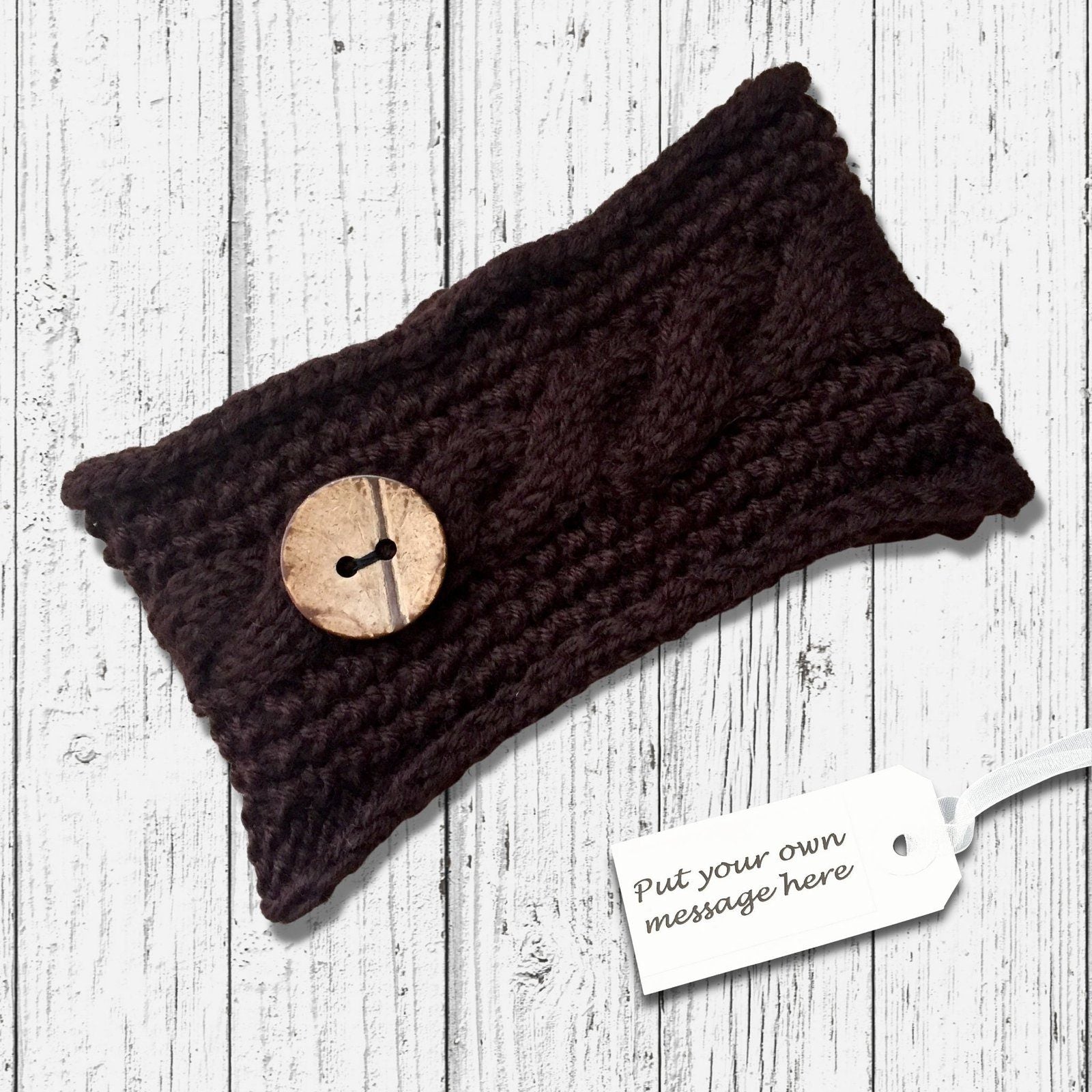 Cable Knitted Headband Wooden Button Chocolate