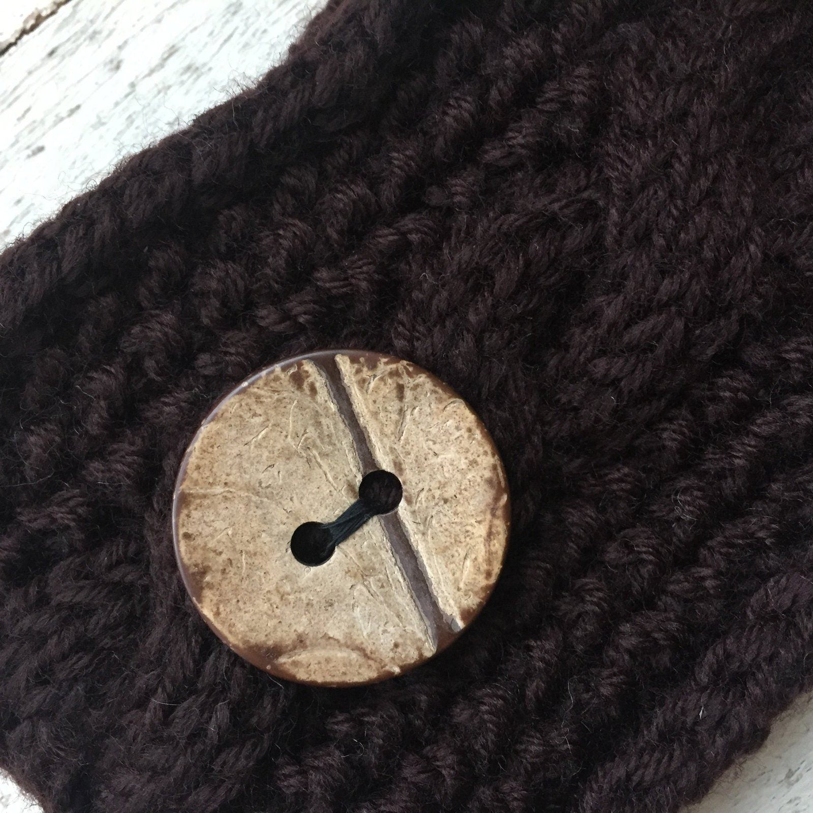 Cable Knitted Headband Wooden Button Chocolate