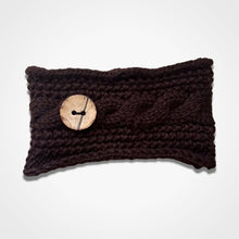Load image into Gallery viewer, Cable Knitted Headband Wooden Button Chocolate
