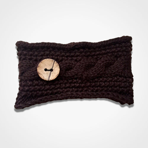 Cable Knitted Headband Wooden Button Chocolate