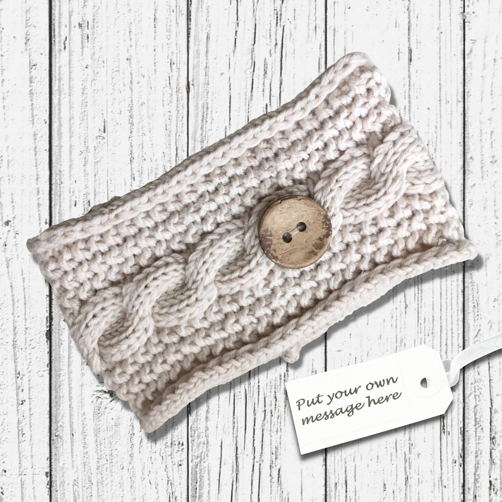 Cable Knitted Headband Wooden Button Ecru