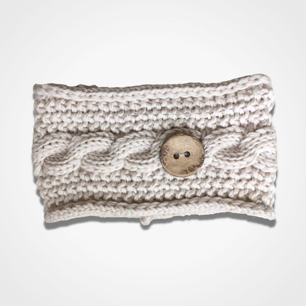 Cable Knitted Headband Wooden Button Ecru