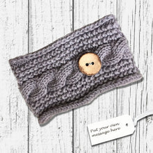 Load image into Gallery viewer, Cable Knitted Headband Wooden Button Grey
