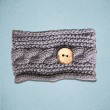 Load image into Gallery viewer, Cable Knitted Headband Wooden Button Grey
