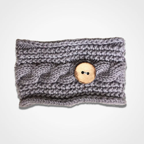 Cable Knitted Headband Wooden Button Grey