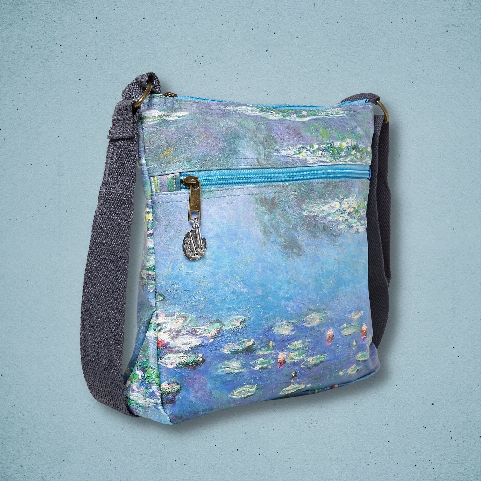 Claude Monet Water Lily Print Cross Body Bag Blue