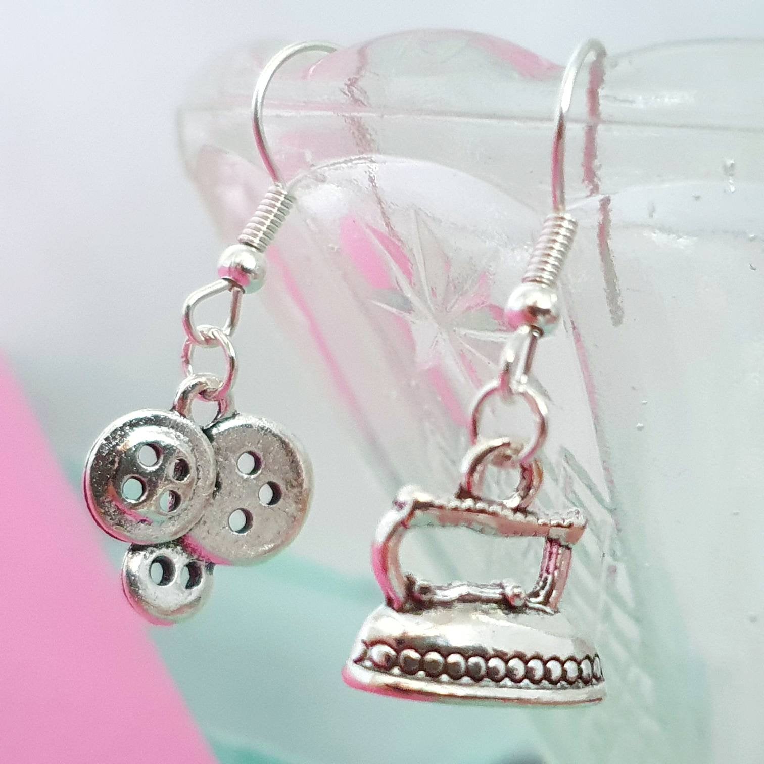 Clothes Iron Buttons Earrings Silver