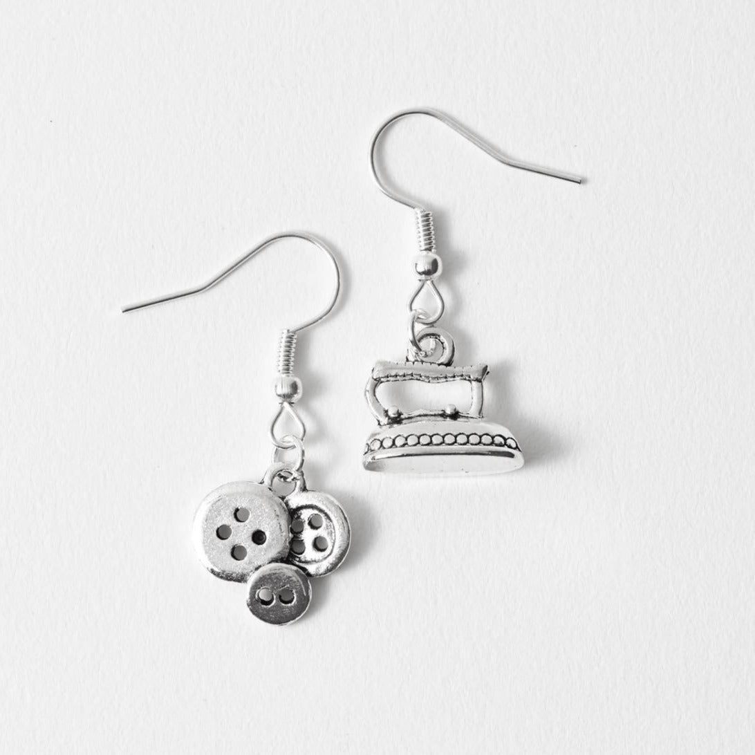 Clothes Iron Buttons Earrings Silver