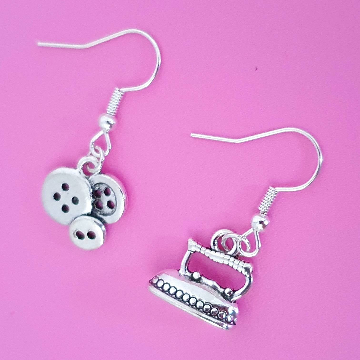 Clothes Iron Buttons Earrings Silver