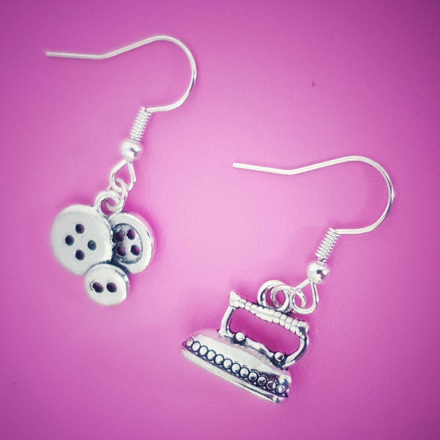 Clothes Iron Buttons Earrings Silver