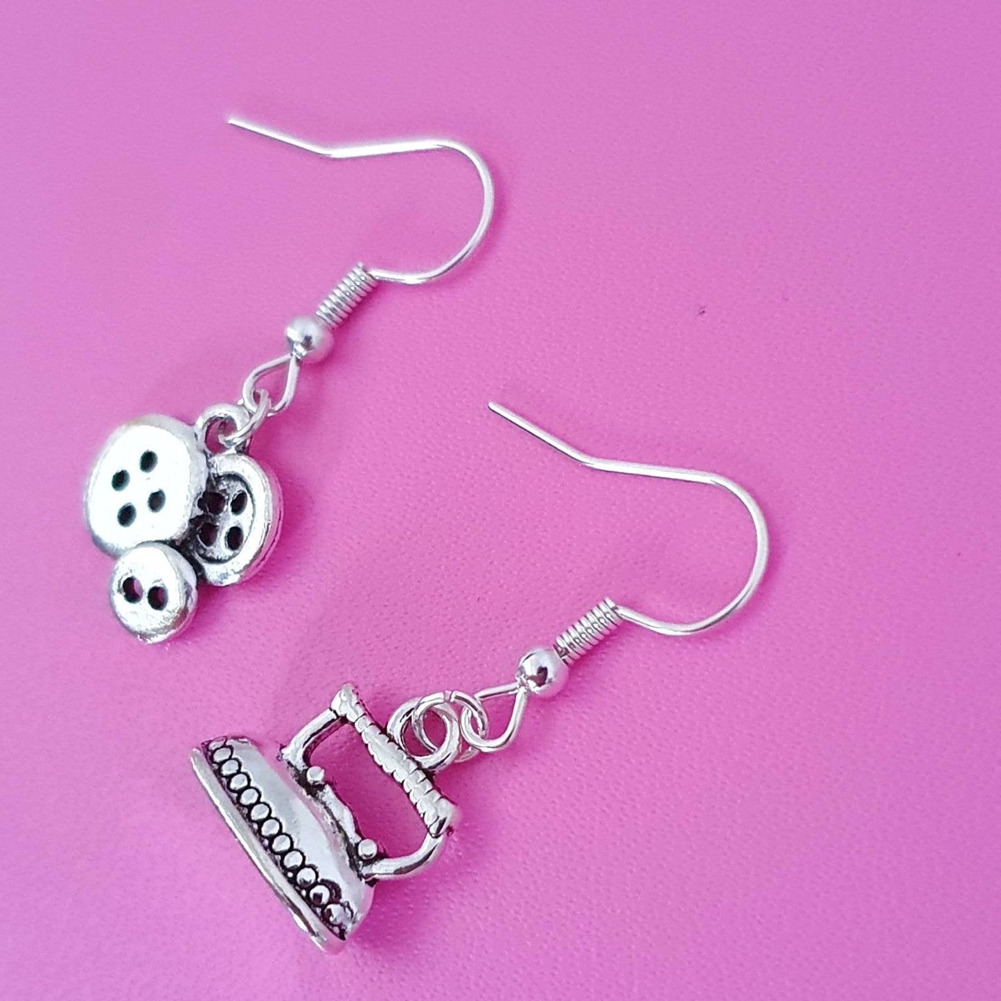 Clothes Iron Buttons Earrings Silver