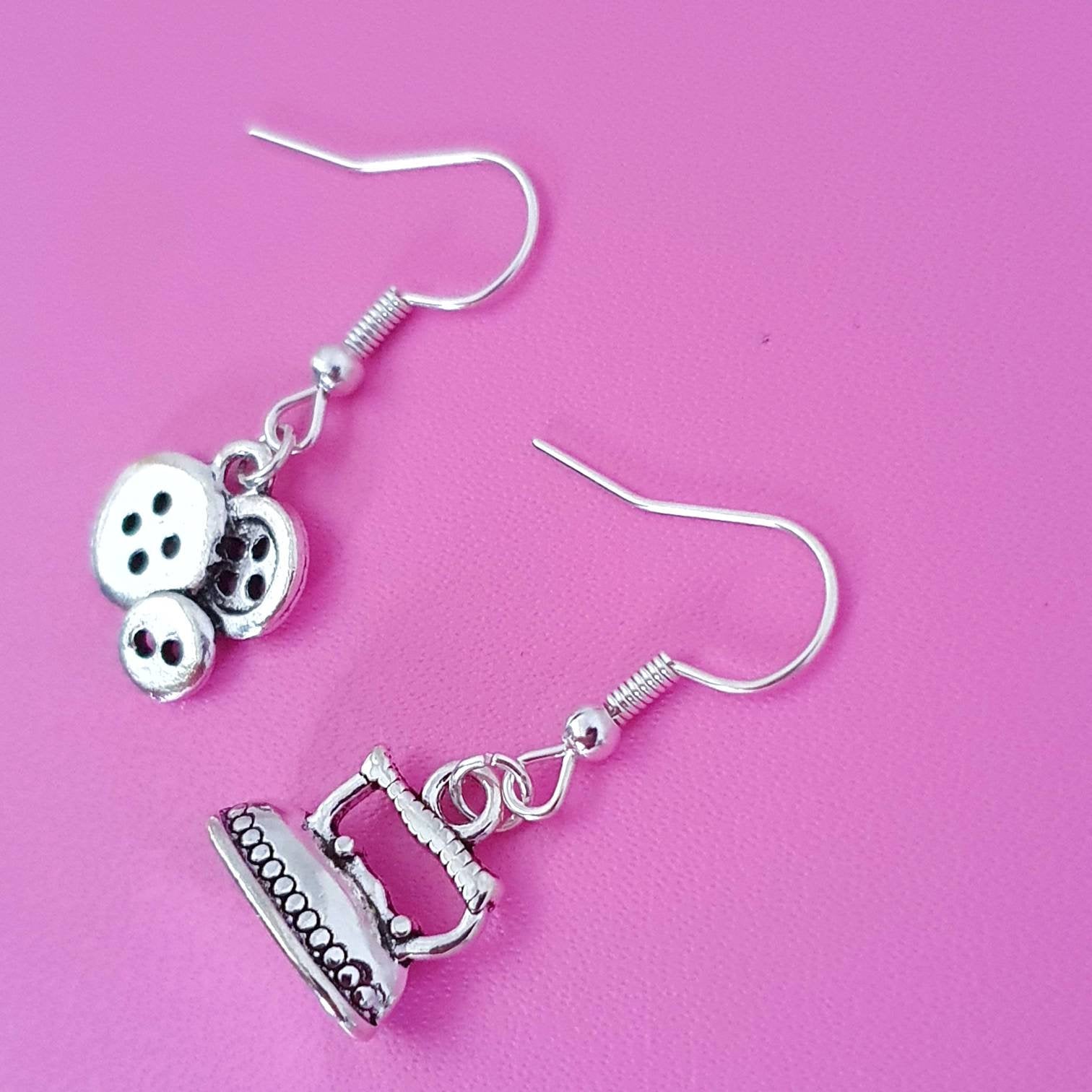 Clothes Iron Buttons Earrings Silver