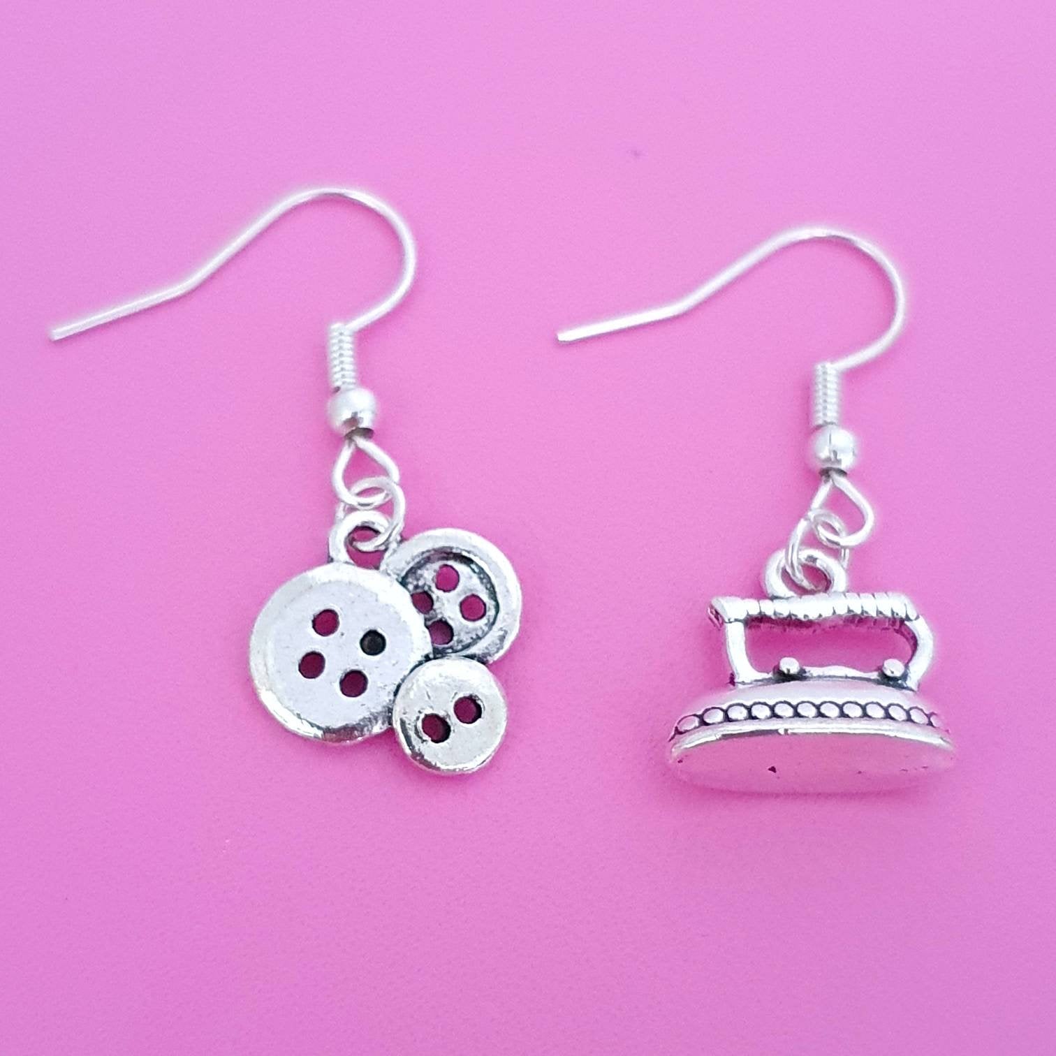 Clothes Iron Buttons Earrings Silver