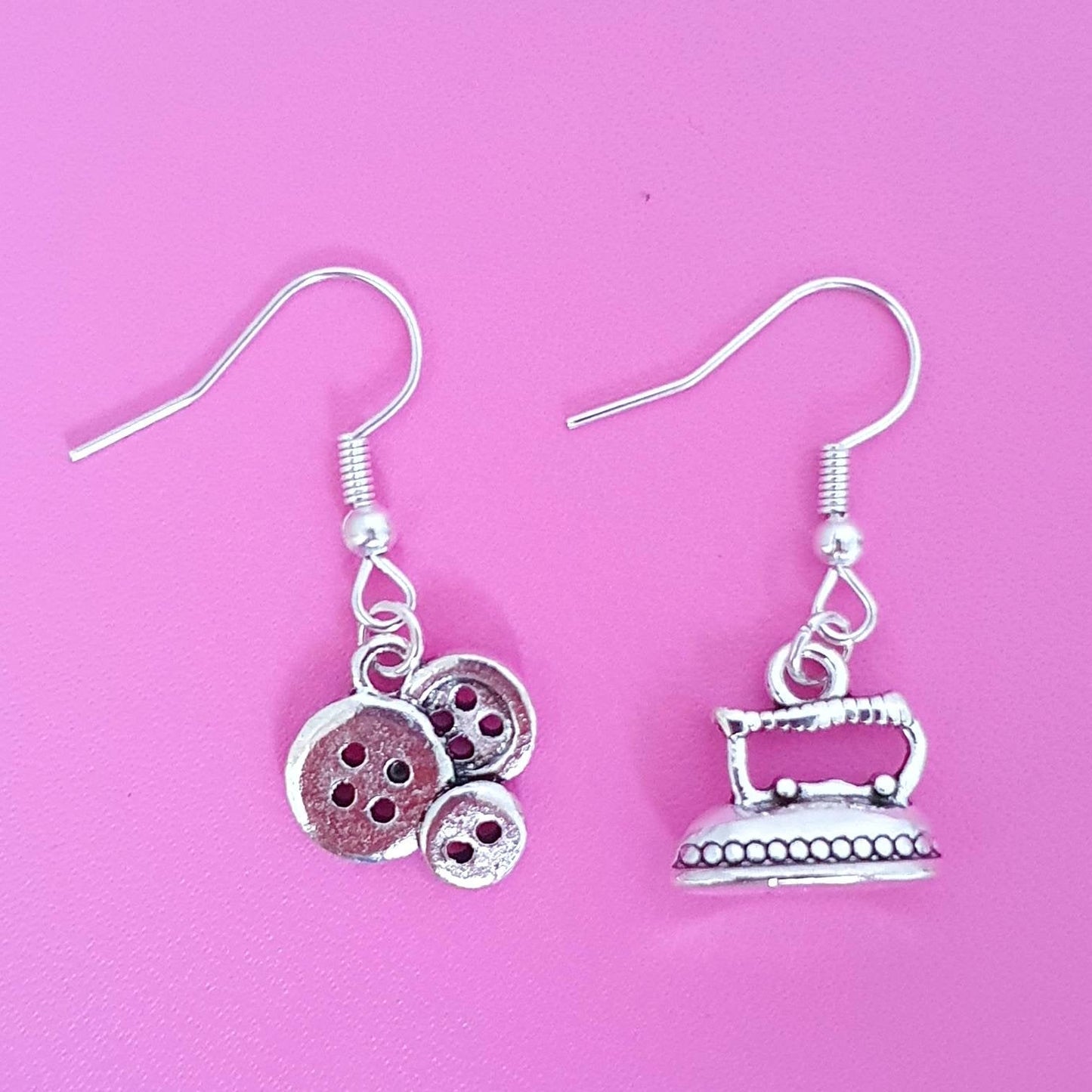 Clothes Iron Buttons Earrings Silver