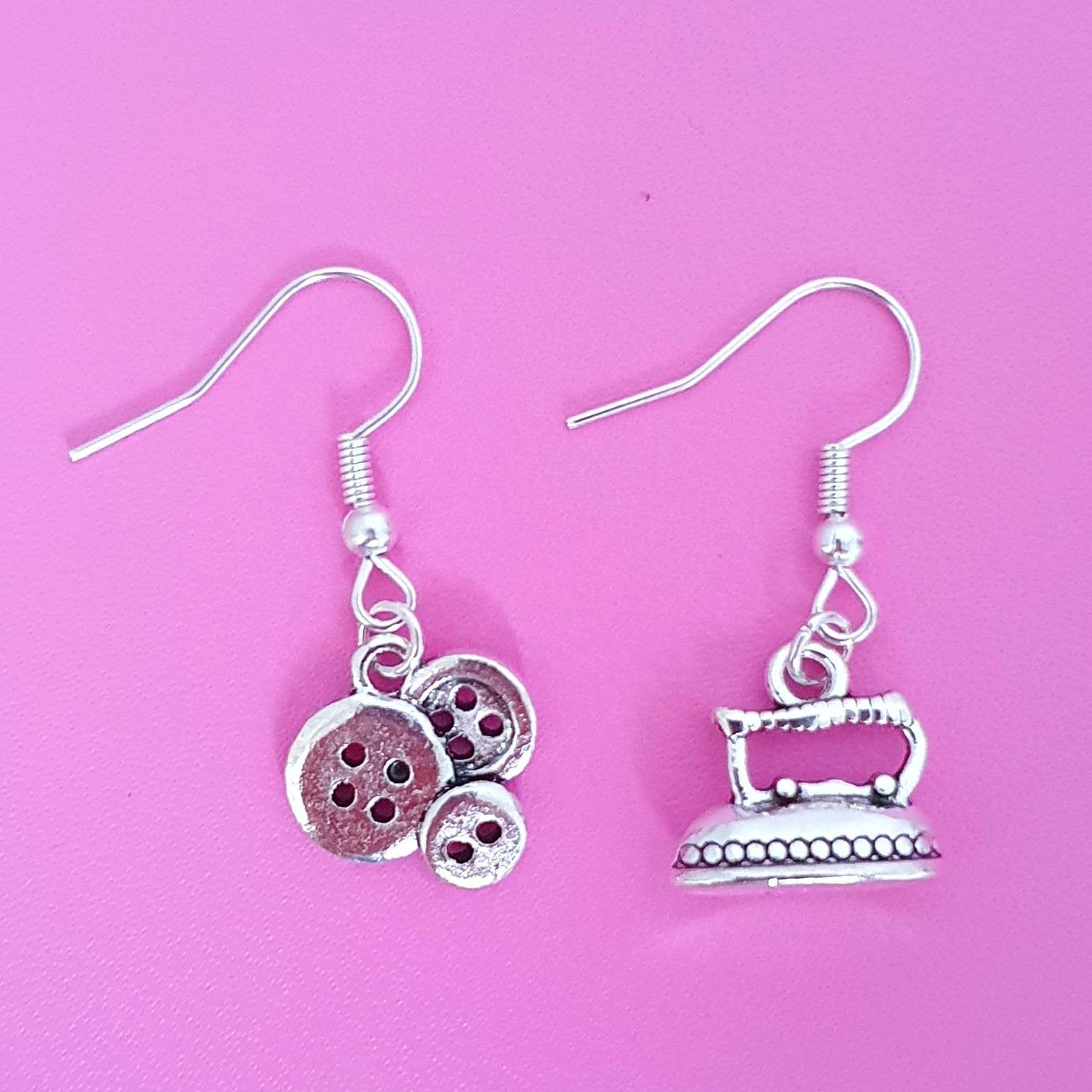 Clothes Iron Buttons Earrings Silver