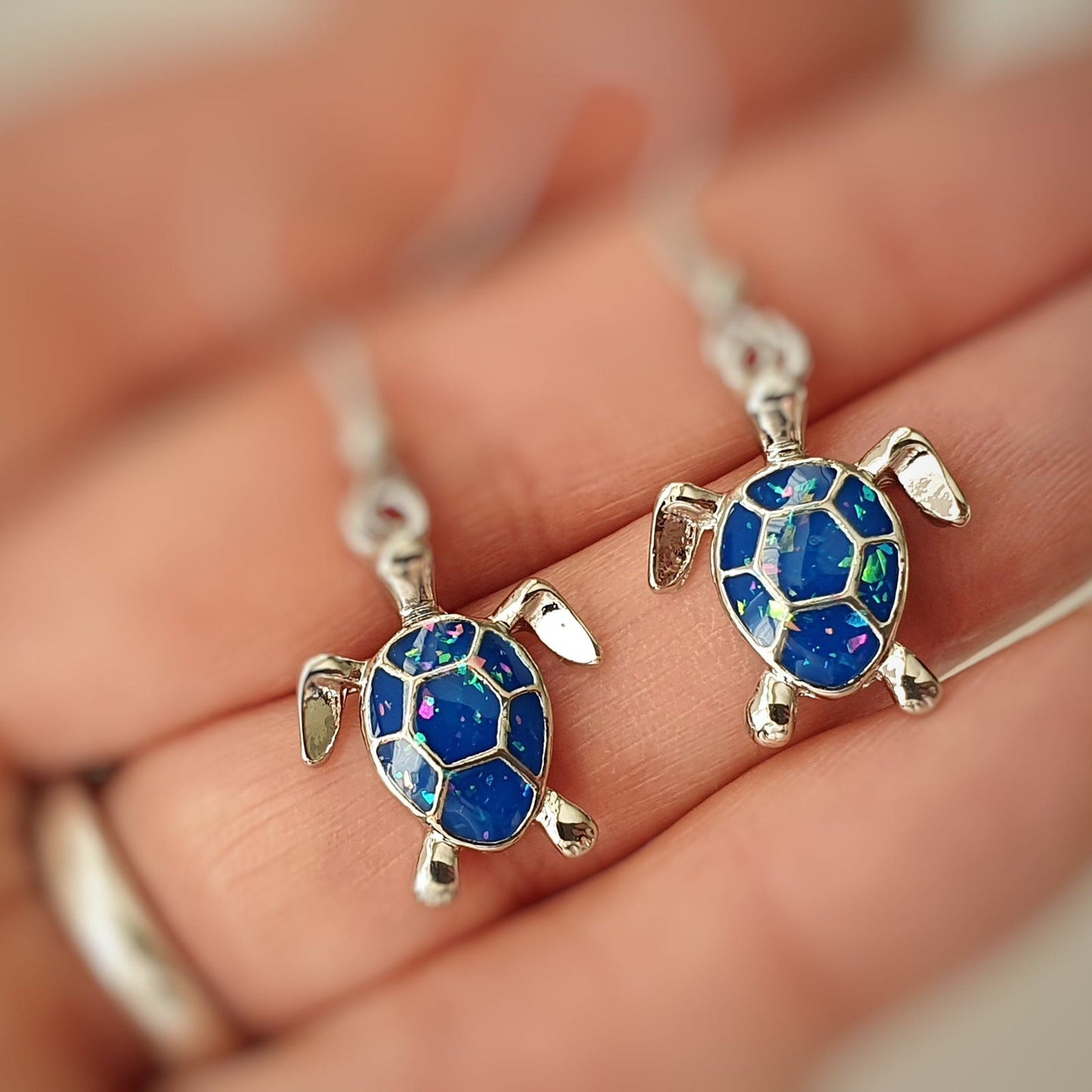 Druzy Sea Turtle Earrings Blue Opal