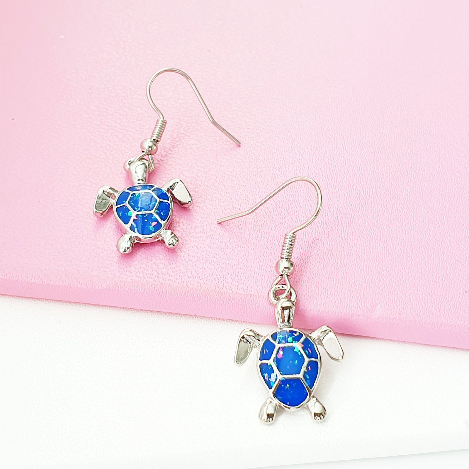 Druzy Sea Turtle Earrings Blue Opal