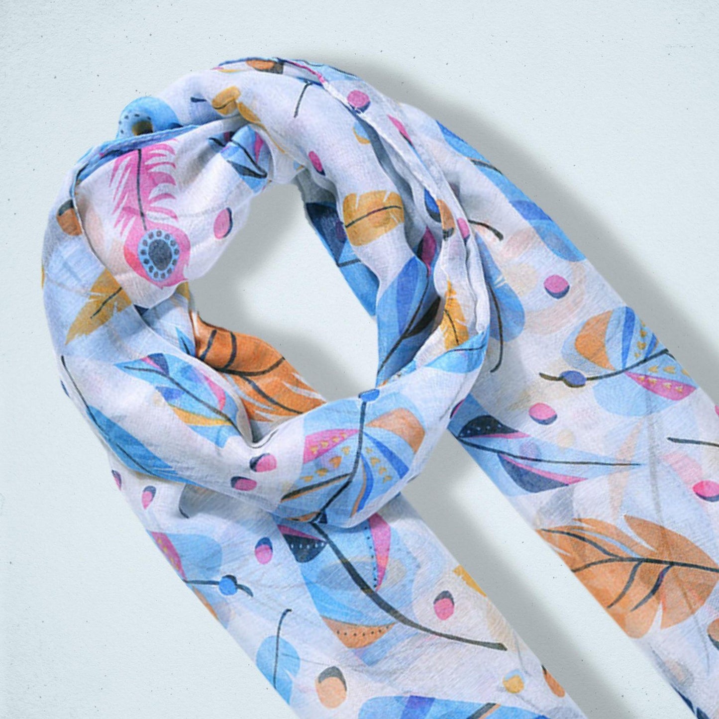 Feather Print Scarf White Blue