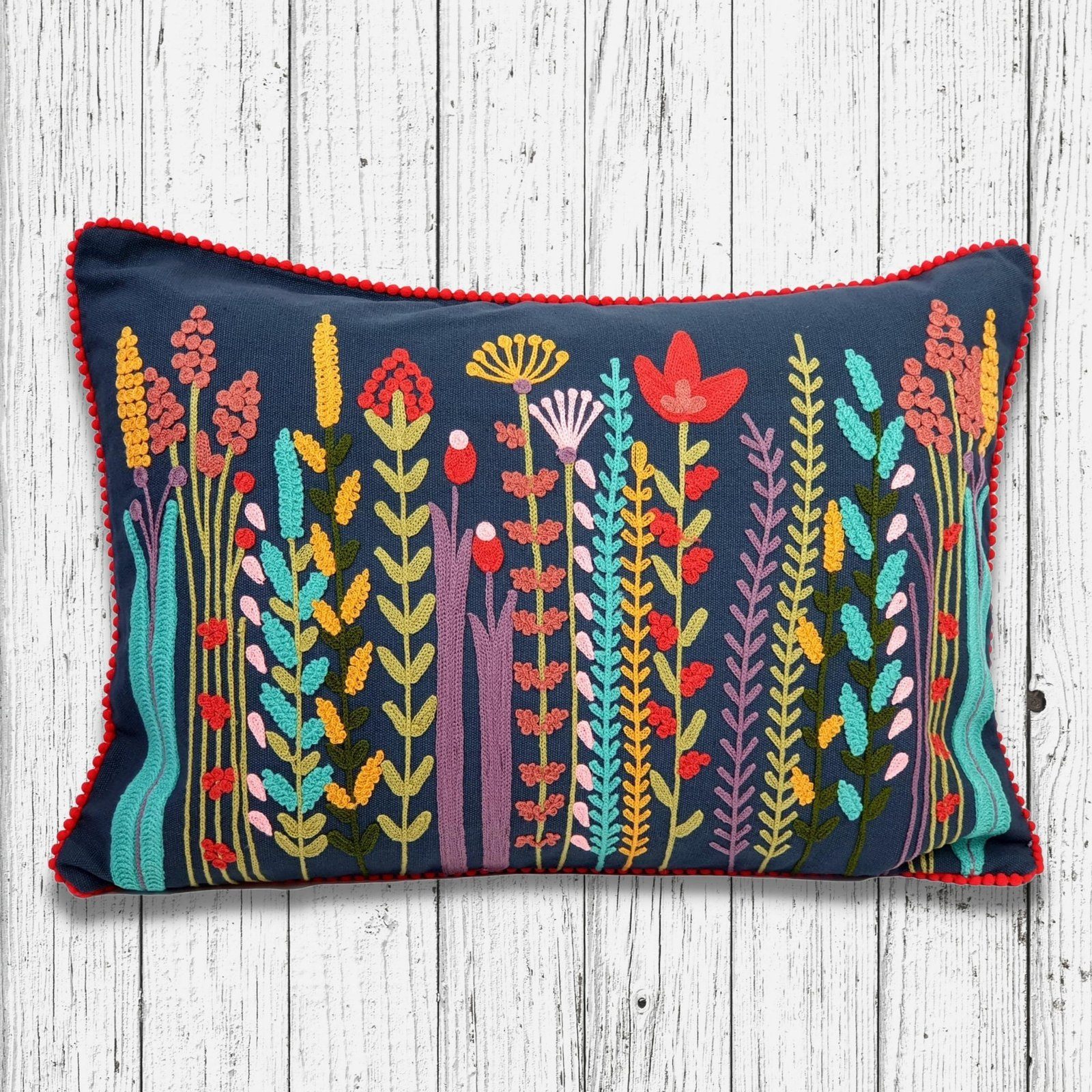 Floral embroidered Cushion Cover Dark Blue