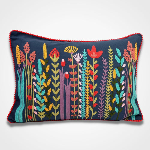 Floral embroidered Cushion Cover Dark Blue