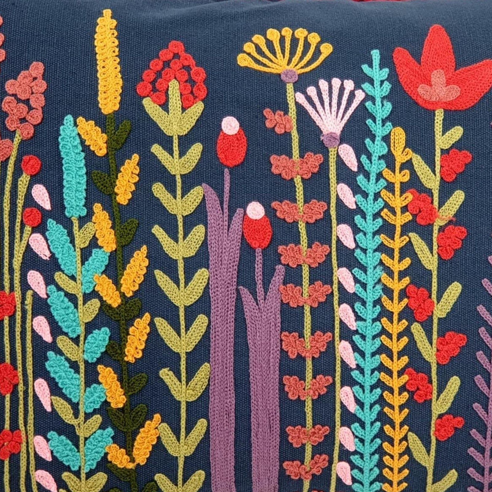 Floral embroidered Cushion Cover Dark Blue