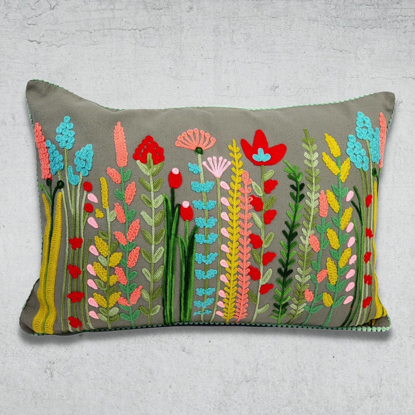 Floral embroidered Cushion Cover Grey
