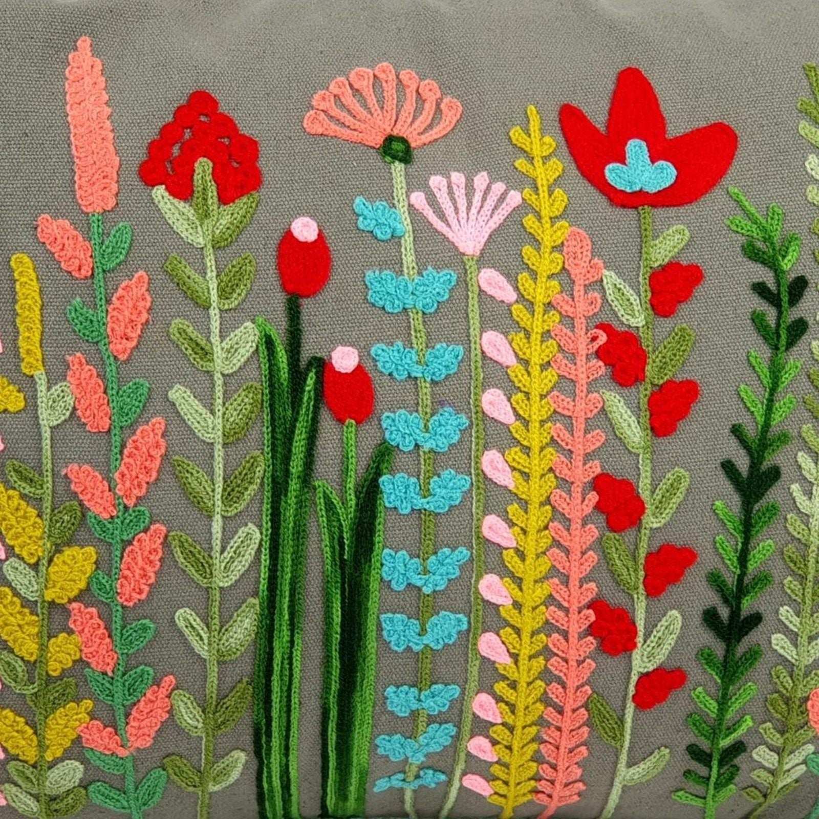 Floral embroidered Cushion Cover Grey