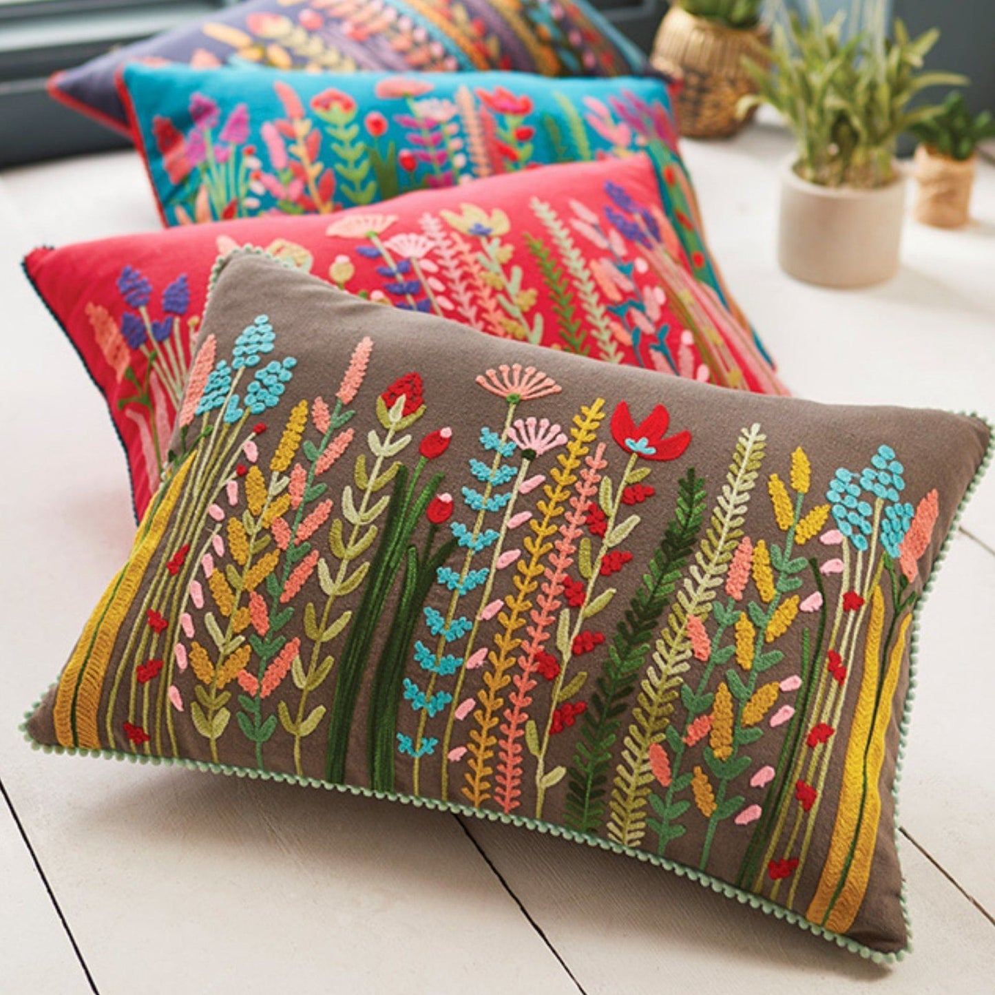 Floral embroidered Cushion Cover Grey