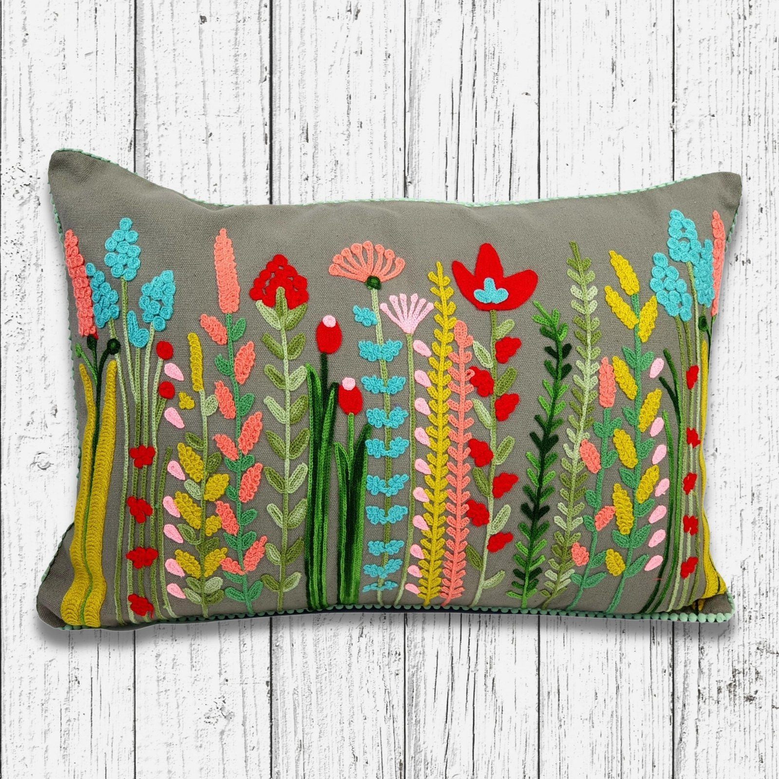 Floral embroidered Cushion Cover Grey