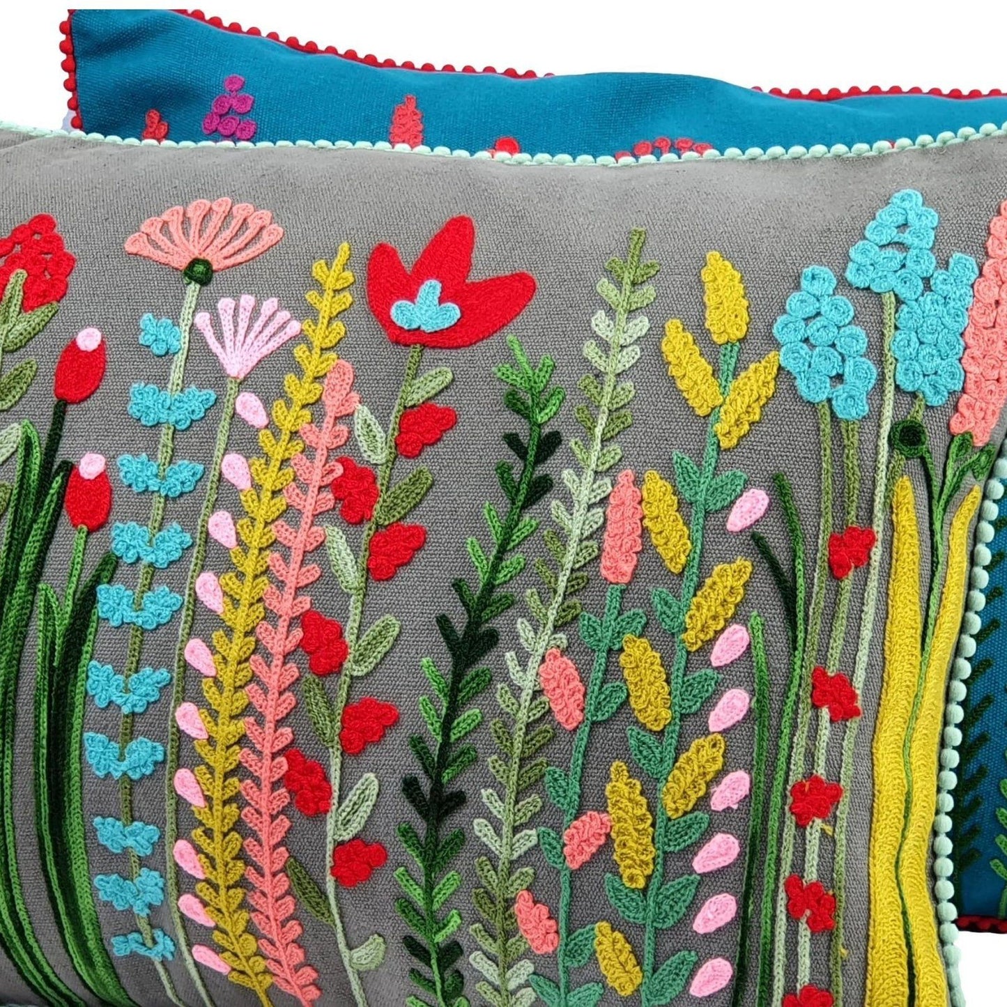 Floral embroidered Cushion Cover Grey