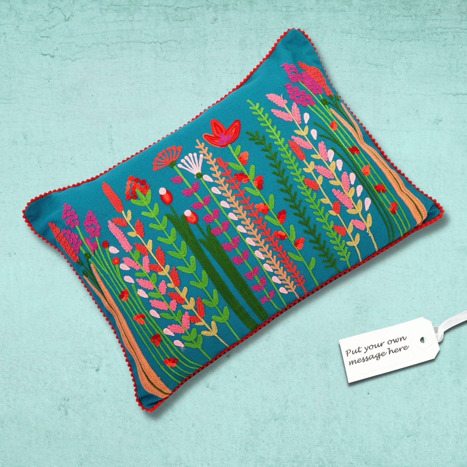 Floral embroidered Cushion Cover Teal